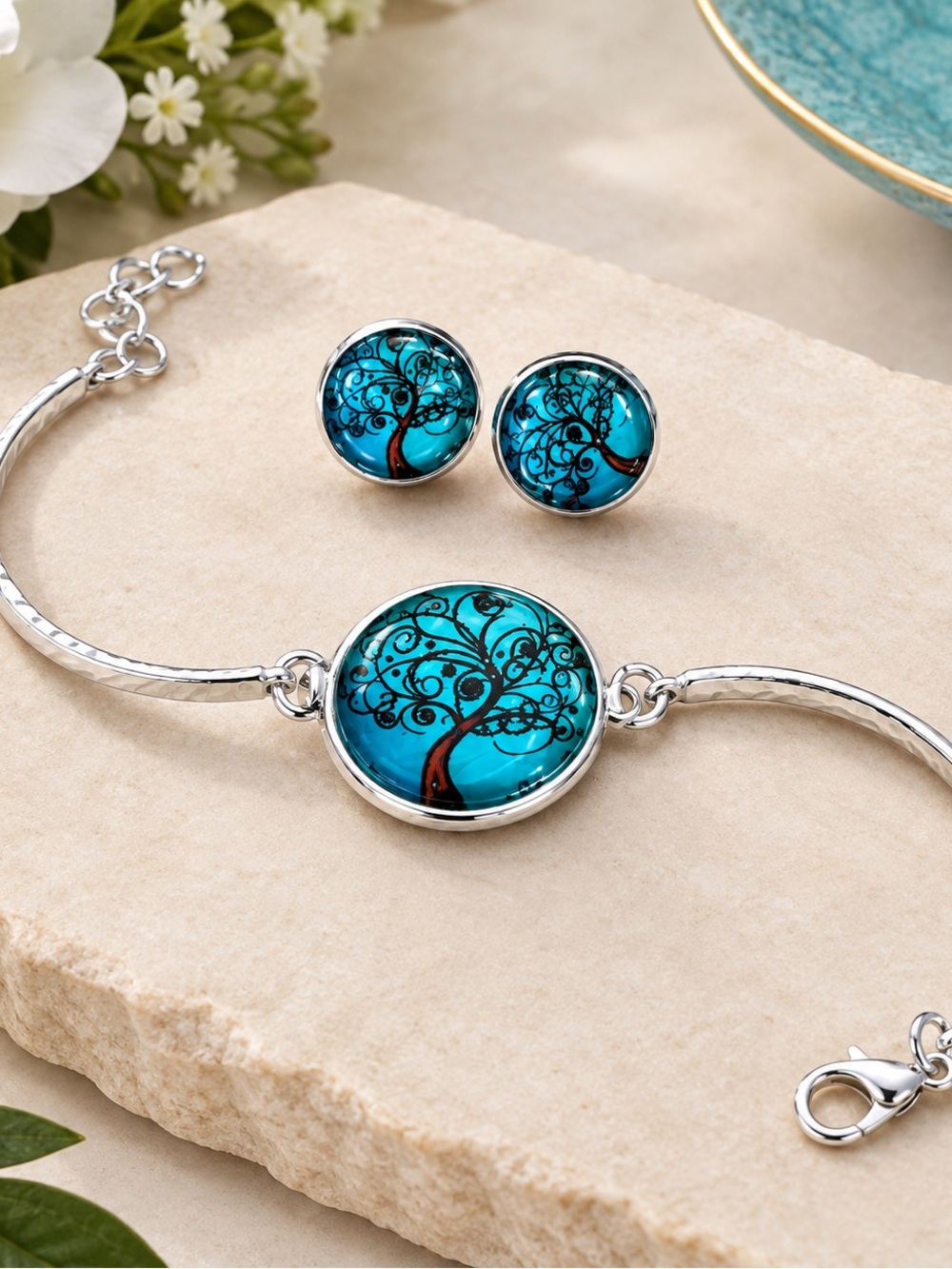 🌸 Blue Tree of Life Silver Bracelet and Stud Earrings Set